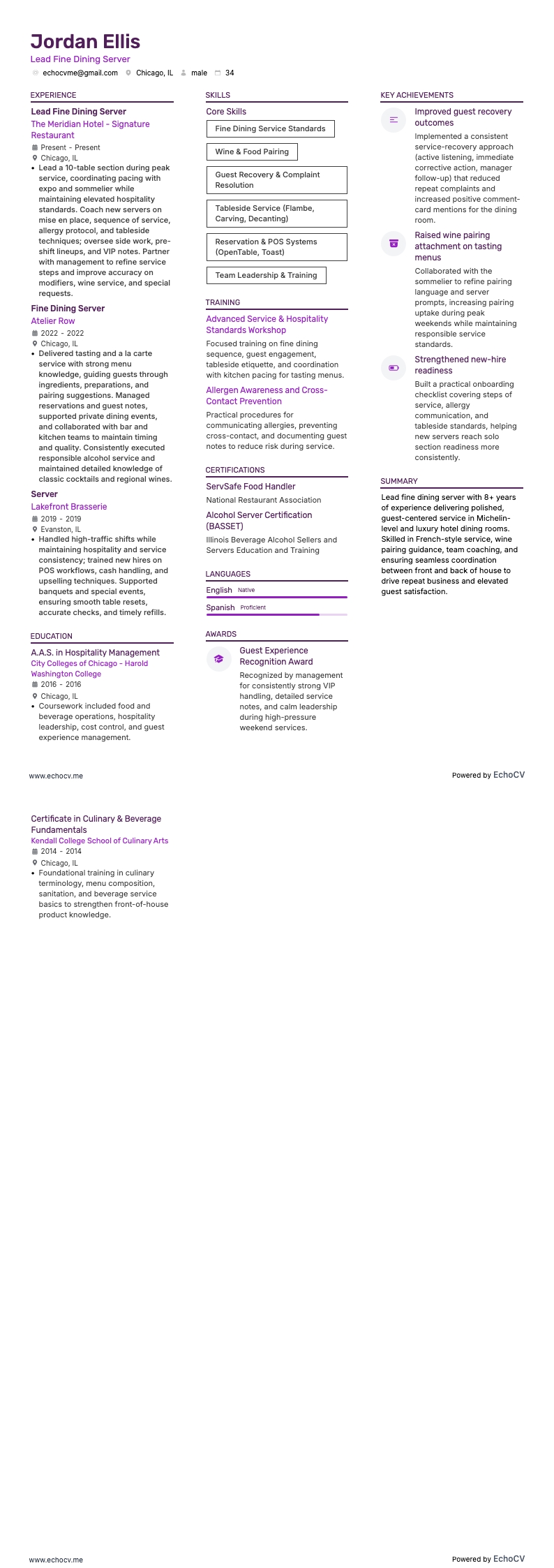 Lead Fine Dining Server example resume