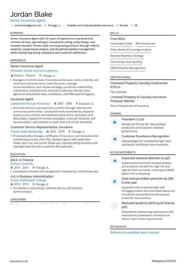 Senior Insurance Agent example resume