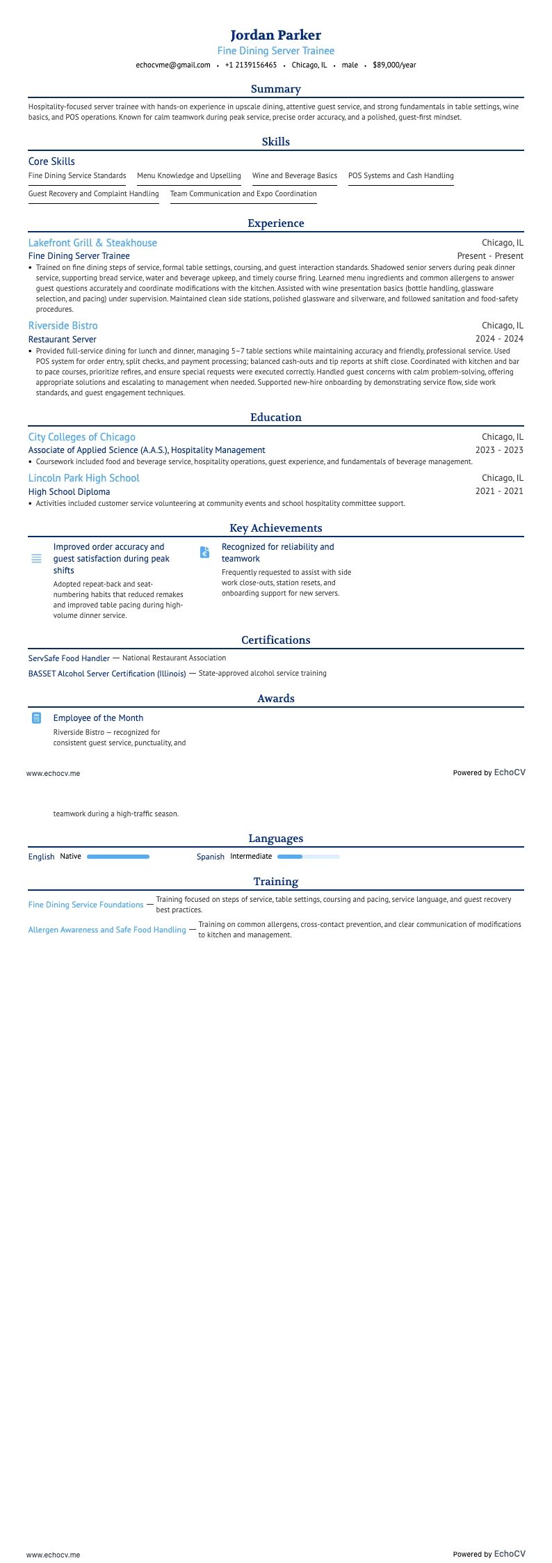 Fine Dining Server Trainee example resume