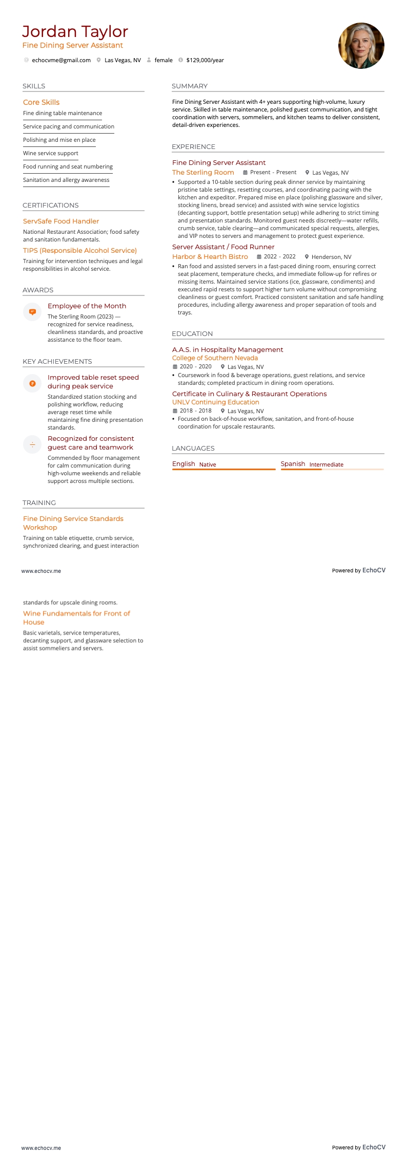 Fine Dining Server Assistant example resume