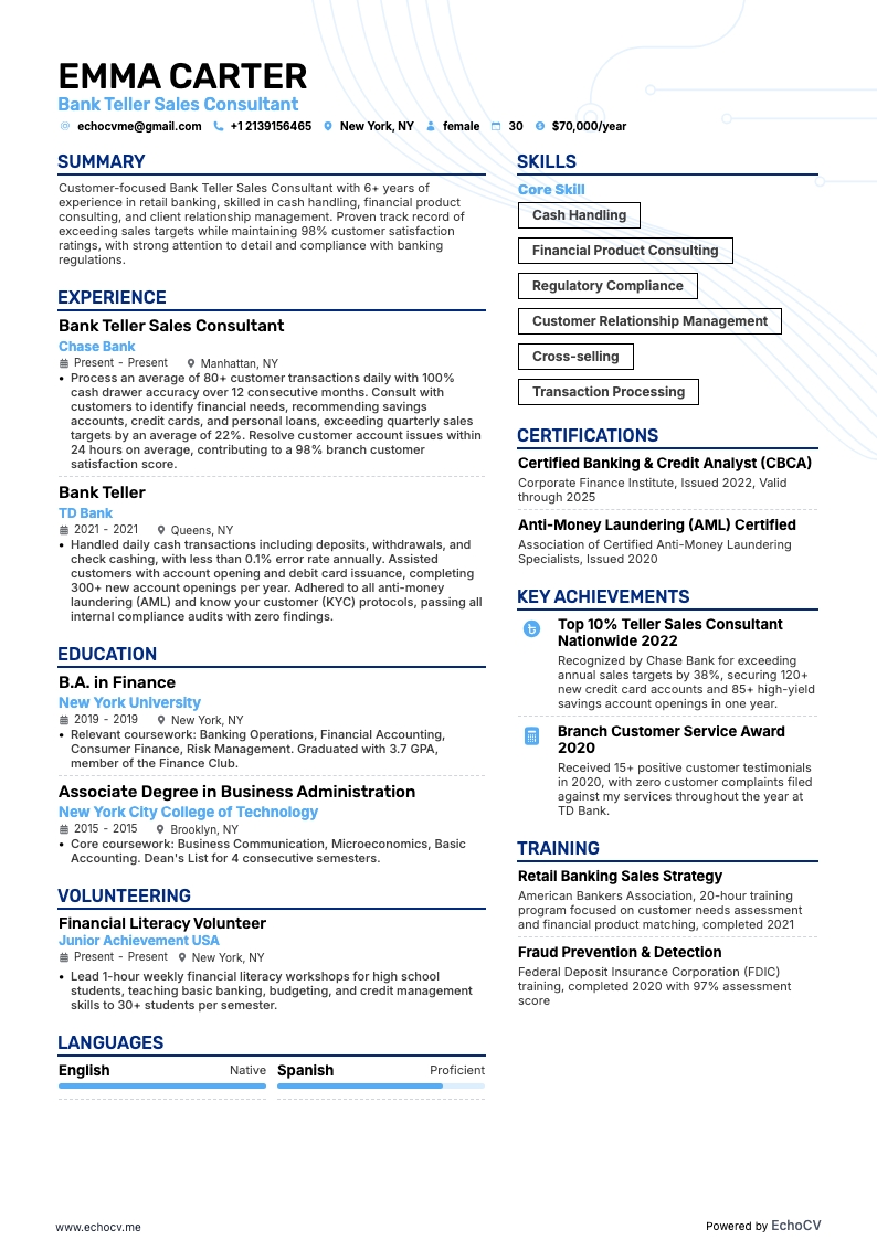 Bank Teller Sales Consultant example resume