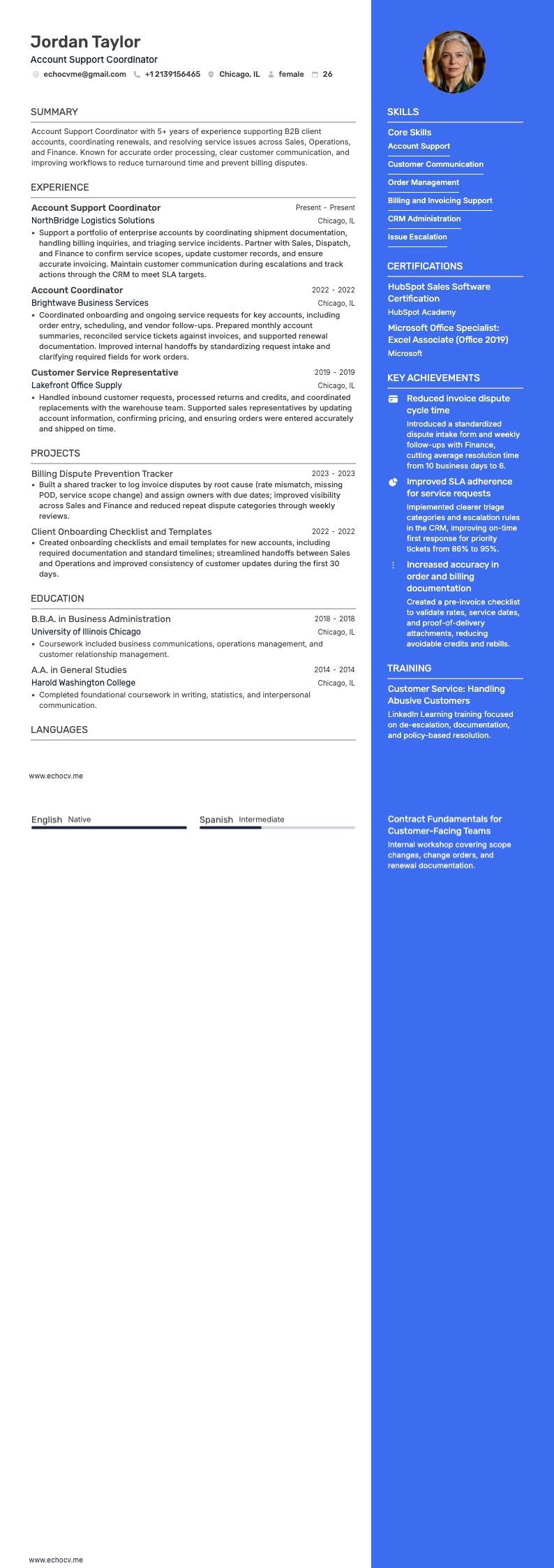 Account Support Coordinator example resume