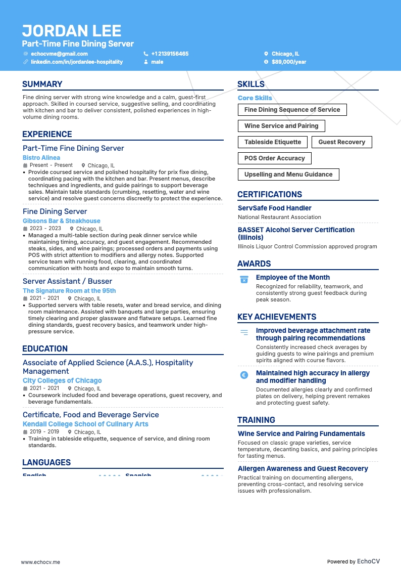 Part-Time Fine Dining Server example resume