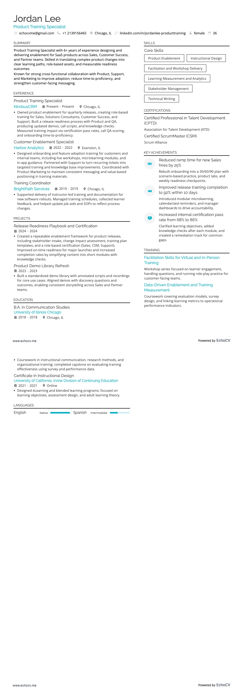 Product Training Specialist example resume