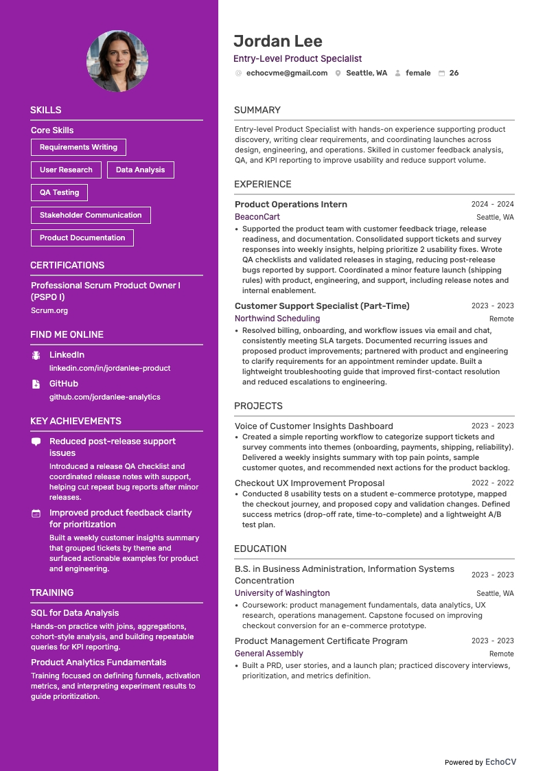 Entry-Level Product Specialist example resume