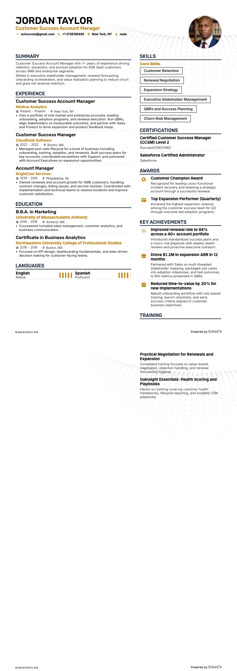 Customer Success Account Manager example resume