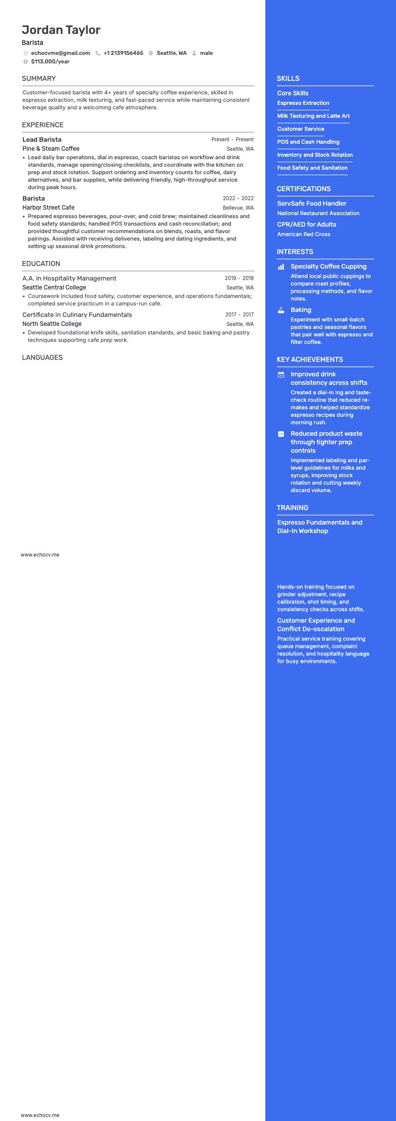 Coffee Shop example resume