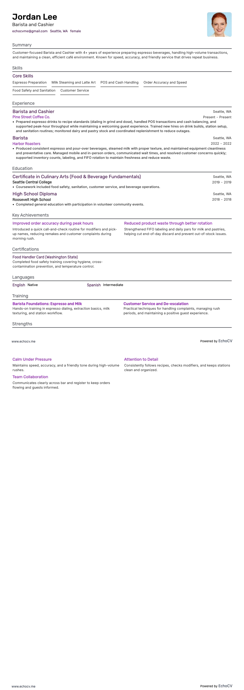 Barista and Cashier example resume