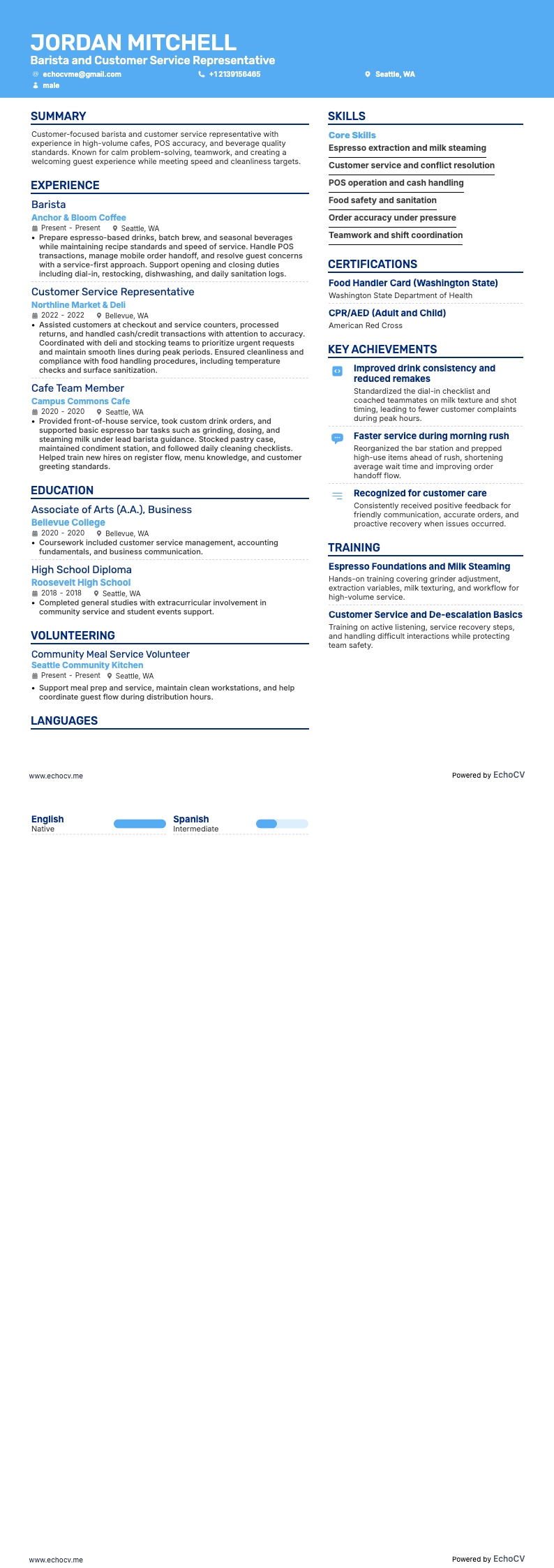 Barista and Customer Service Representative example resume