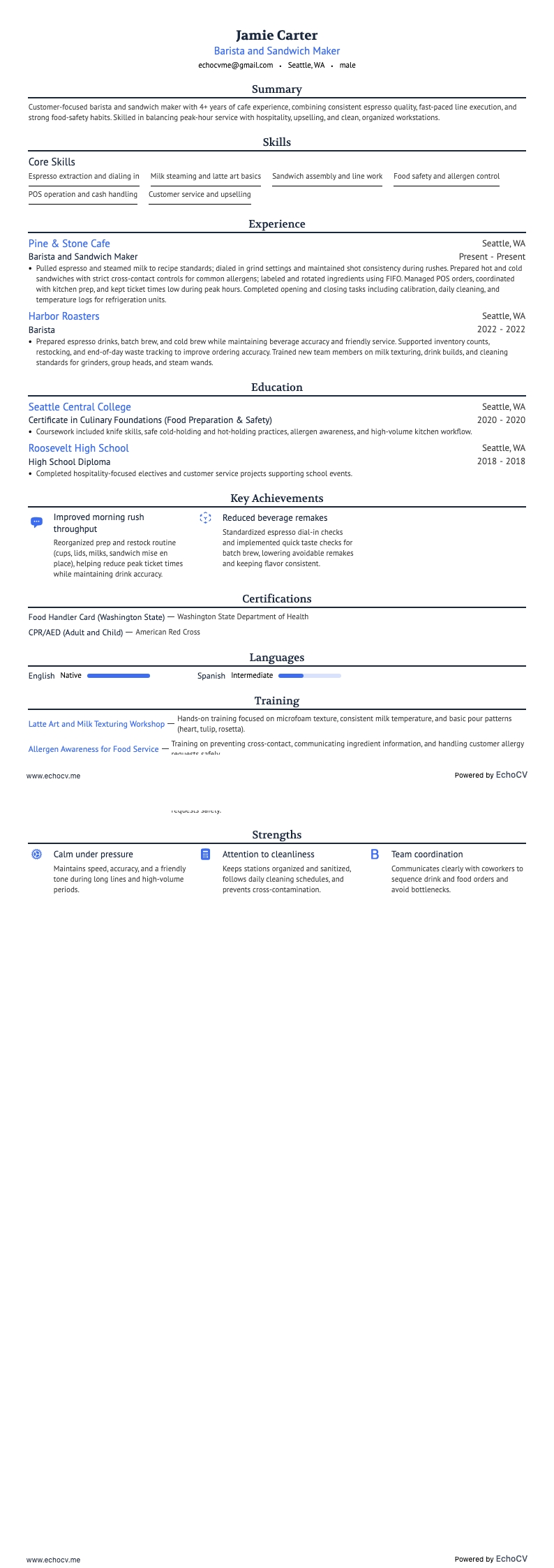Barista and Sandwich Maker example resume