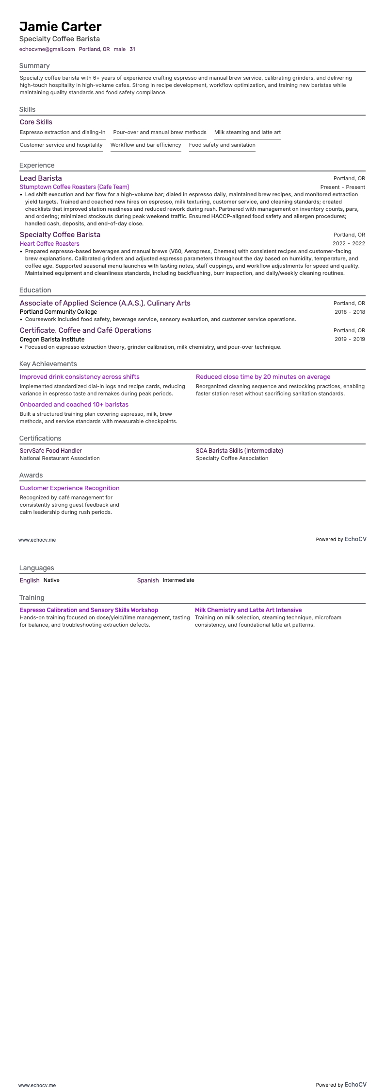 Specialty Coffee Barista example resume