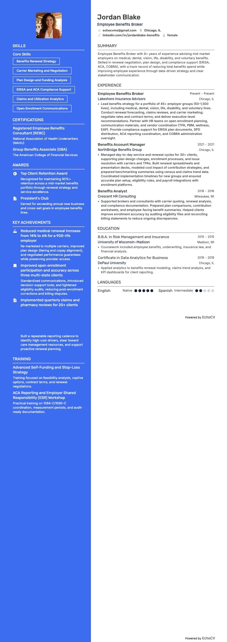 Förmånsmäklare för anställda example resume