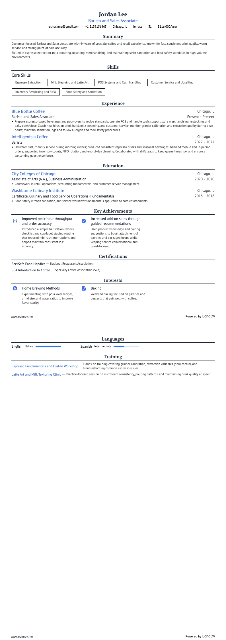 Barista and Sales Associate example resume