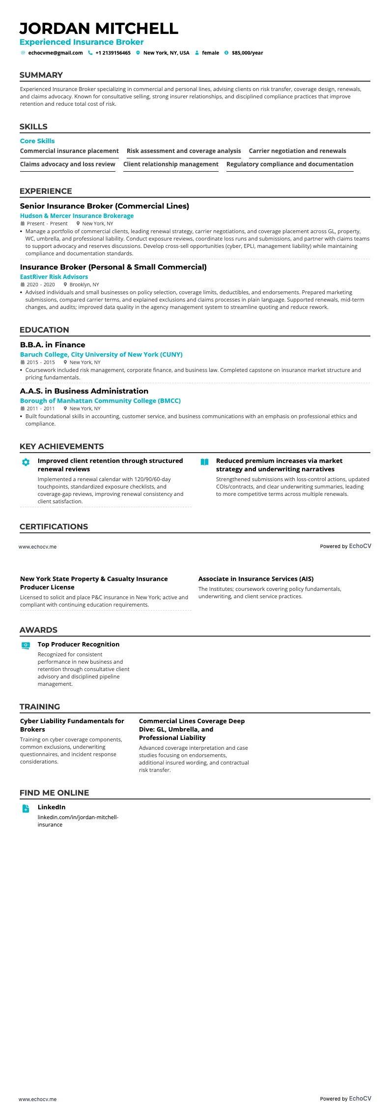 Erfaren försäkringsmäklare example resume