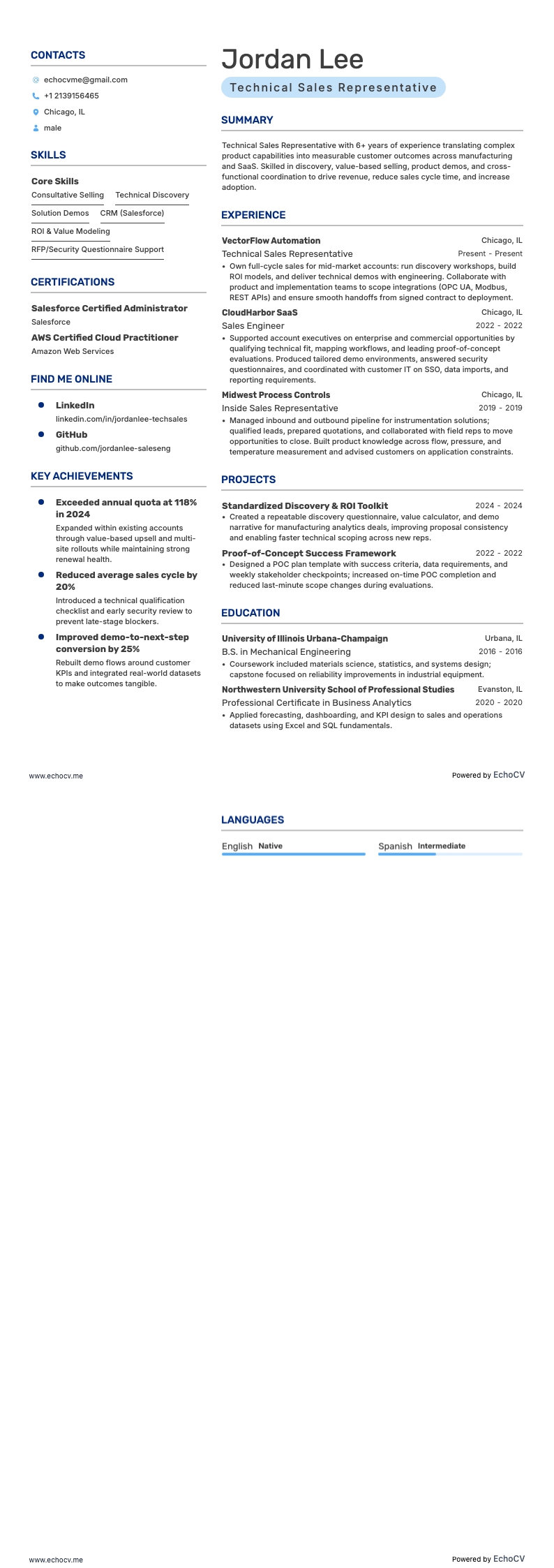 Technical Sales Representative example resume