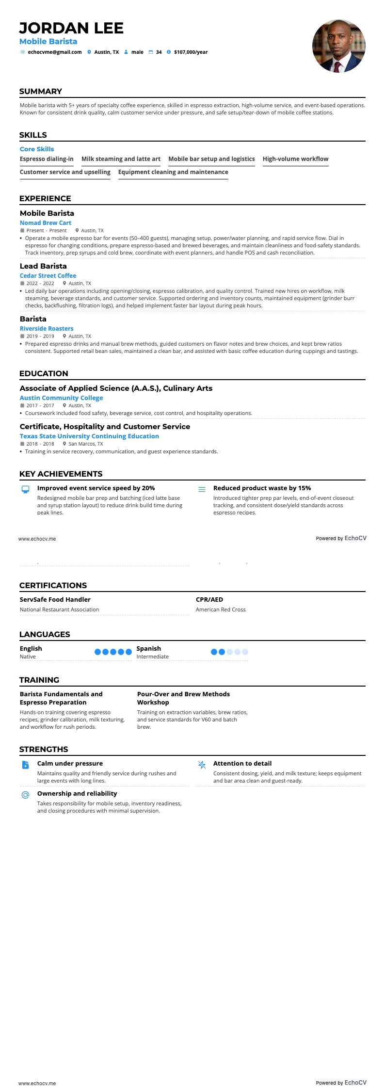 Mobile Barista example resume