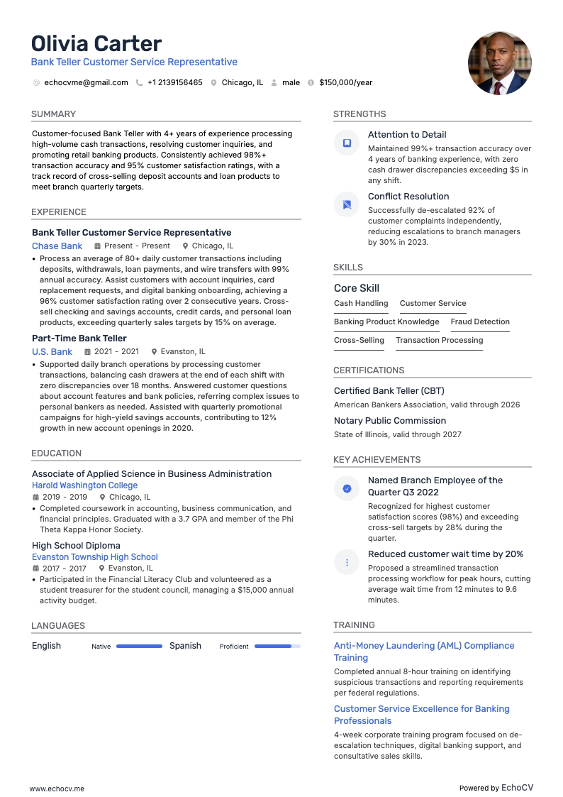 Bank Teller Customer Service Representative example resume