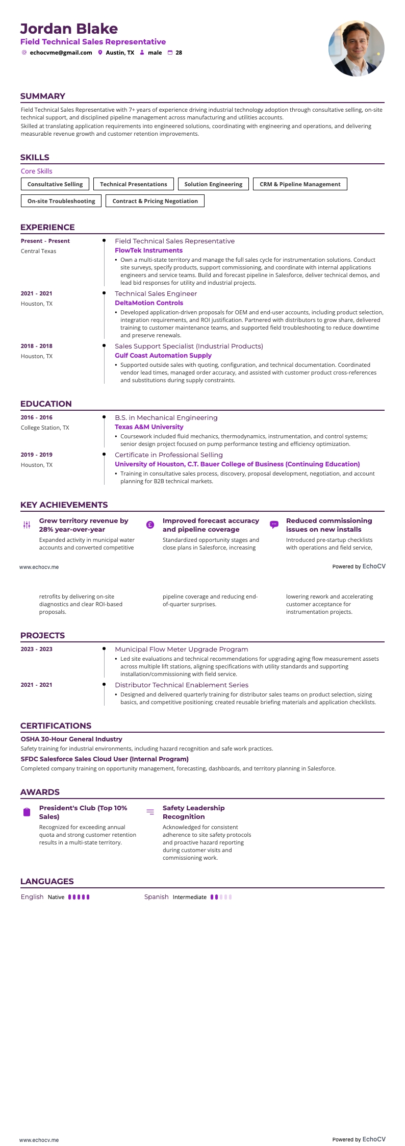 Field Technical Sales Representative example resume