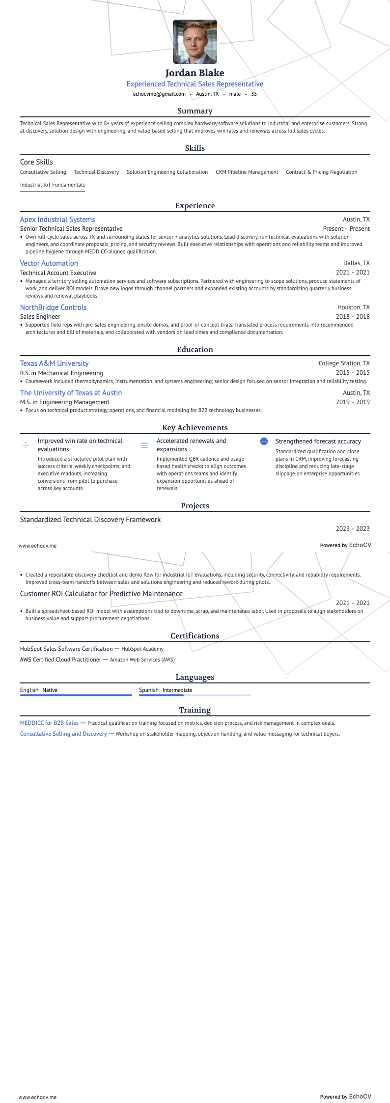 Experienced Technical Sales Representative example resume