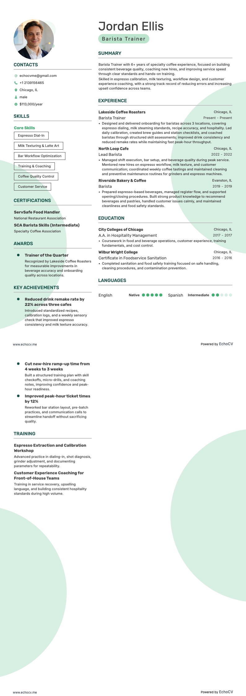 Barista Trainer example resume