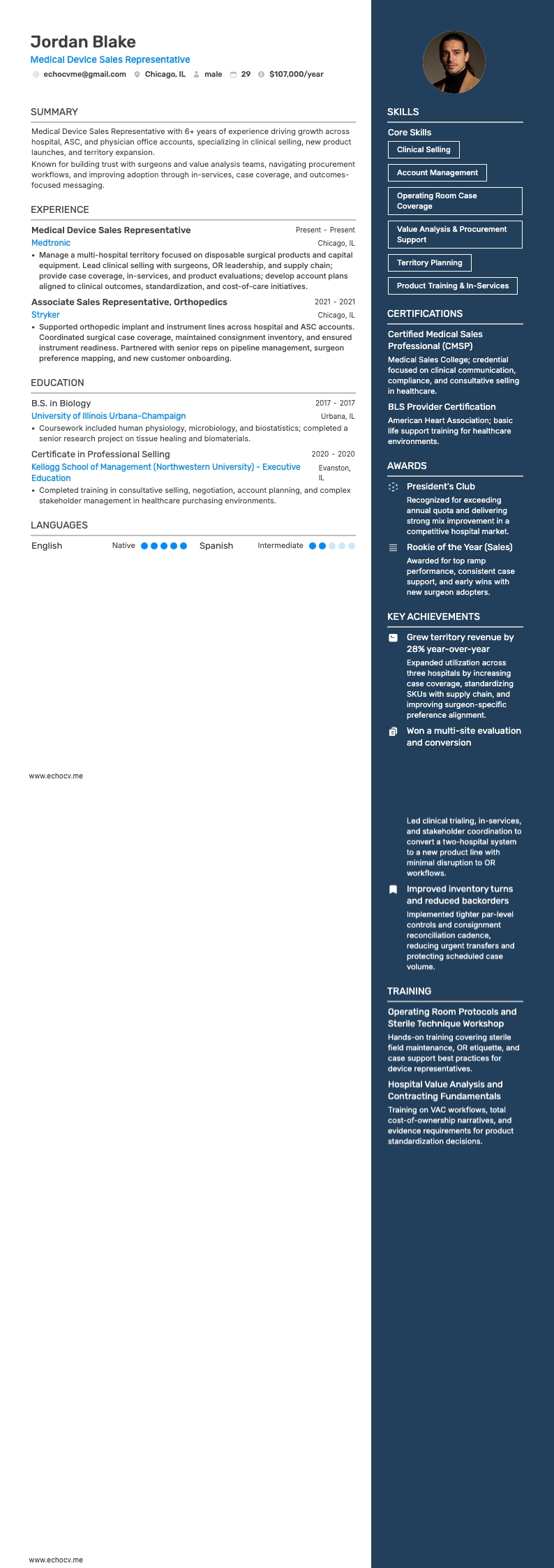 Medical Device Sales Representative example resume