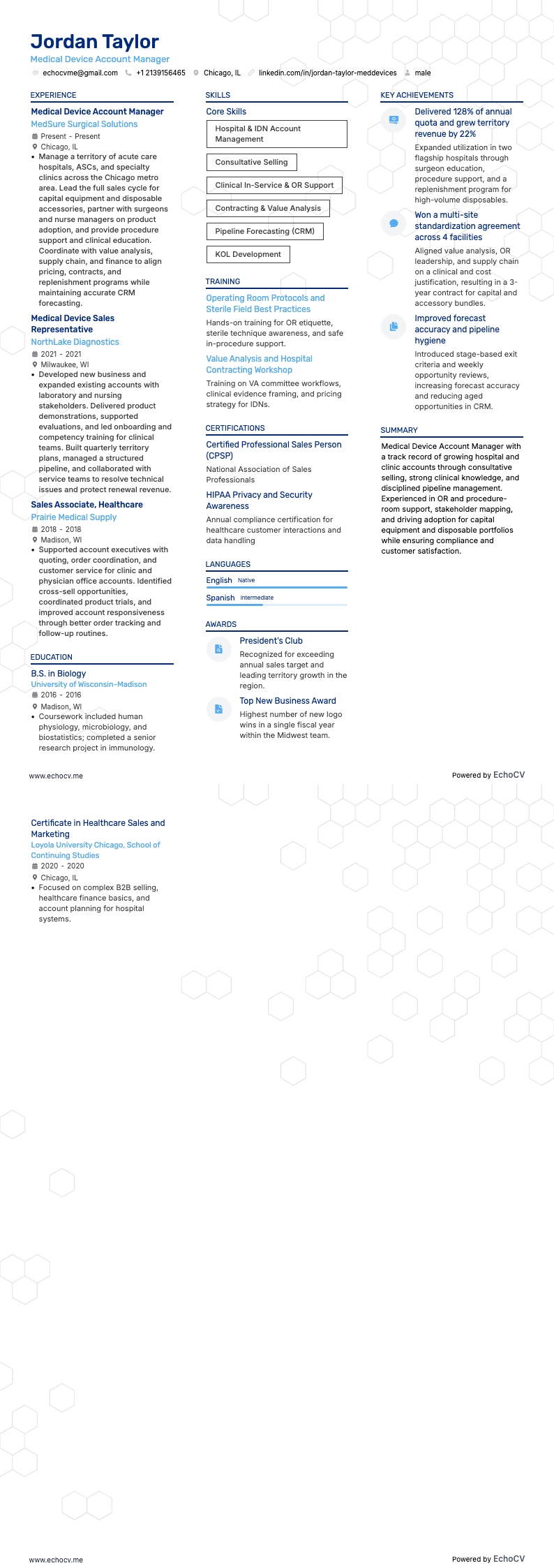 Medical Device Account Manager example resume