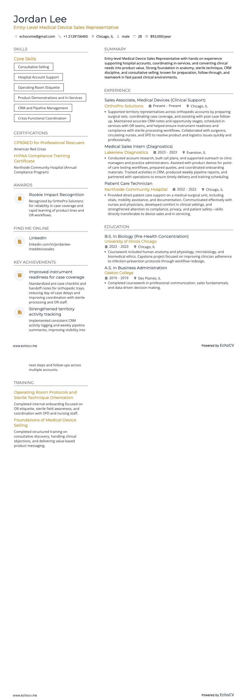 Entry-Level Medical Device Sales Representative example resume