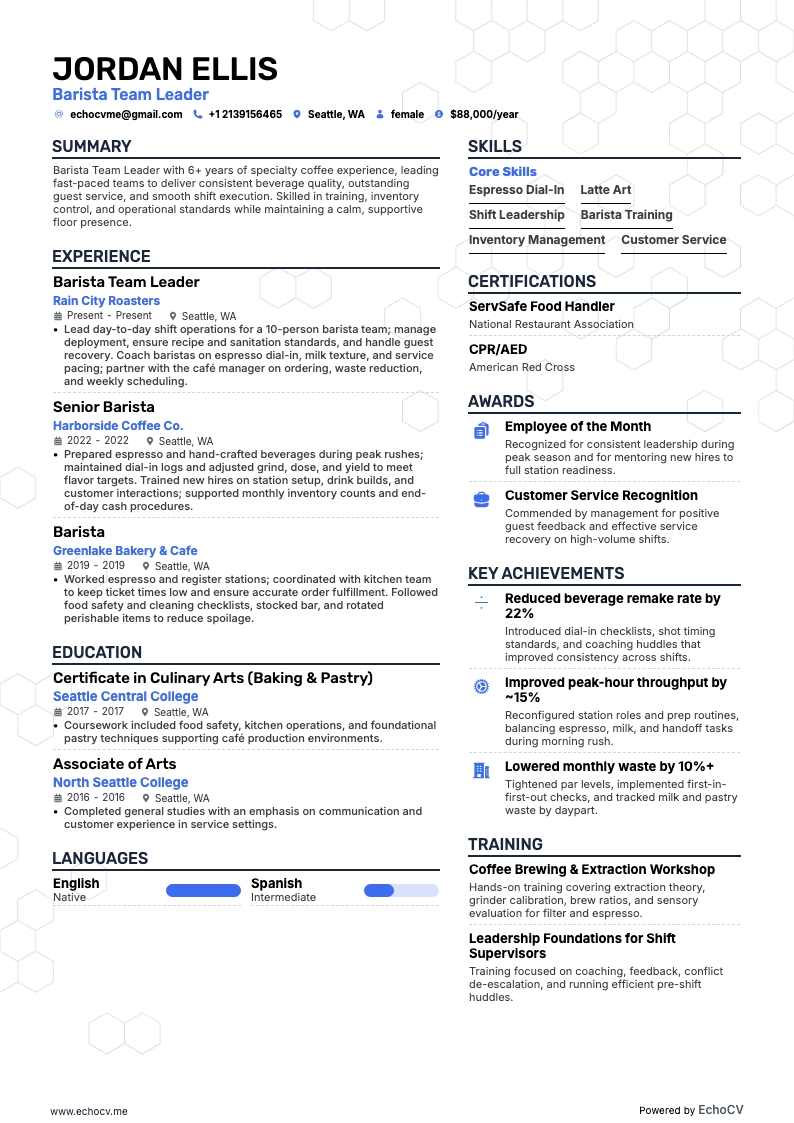 Barista Team Leader example resume