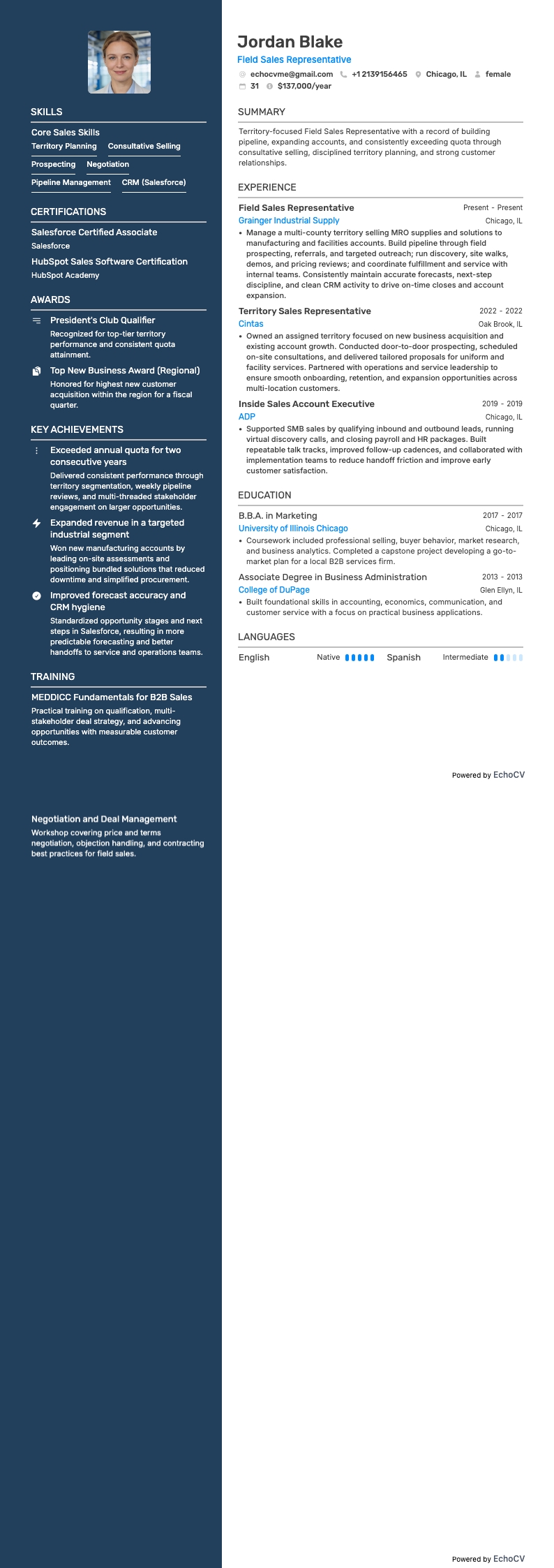 Field Sales Representative example resume