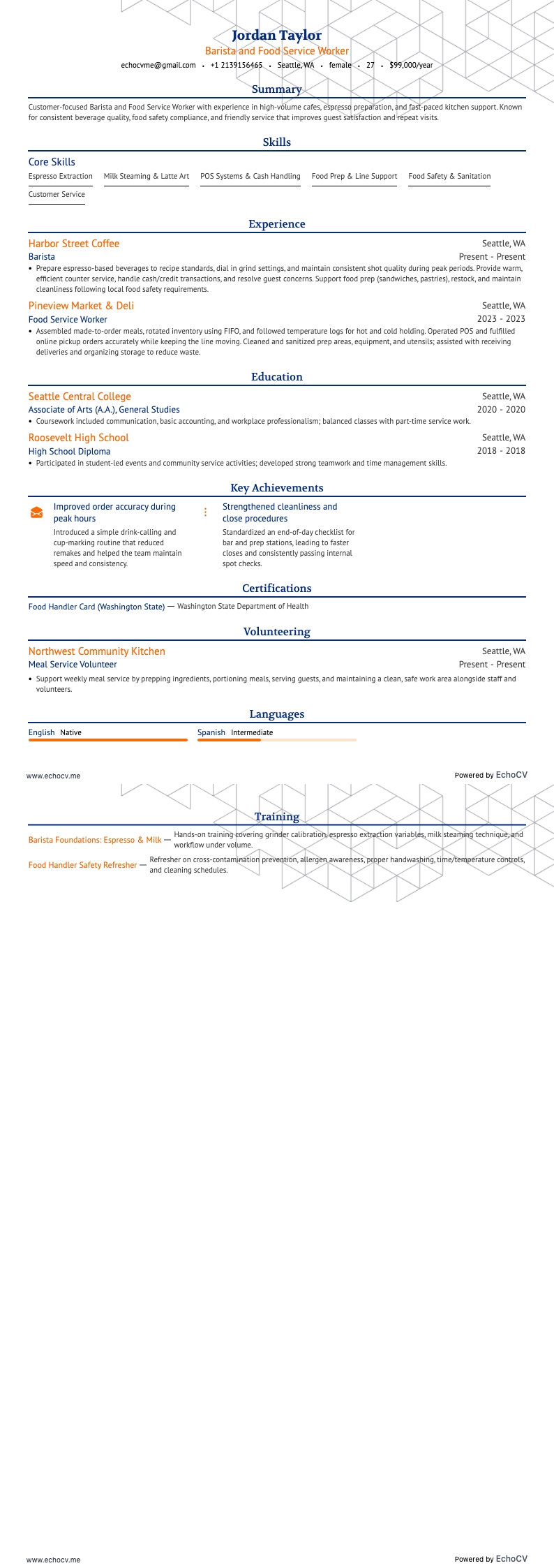 Barista and Food Service Worker example resume