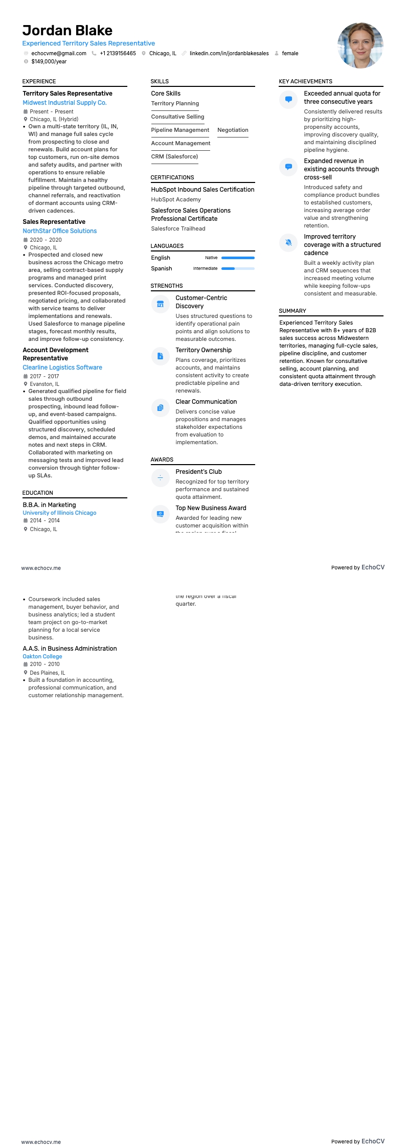 Experienced Territory Sales Representative example resume