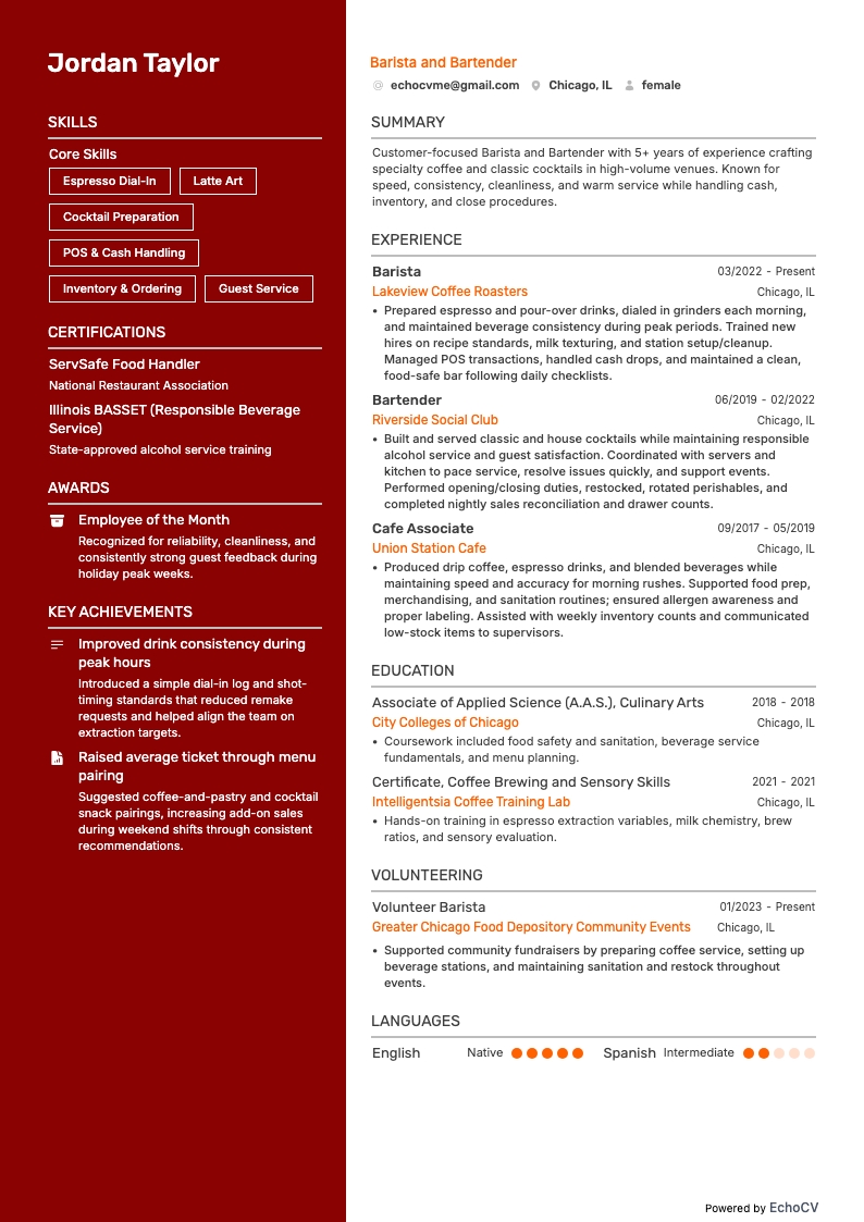 Barista and Bartender example resume