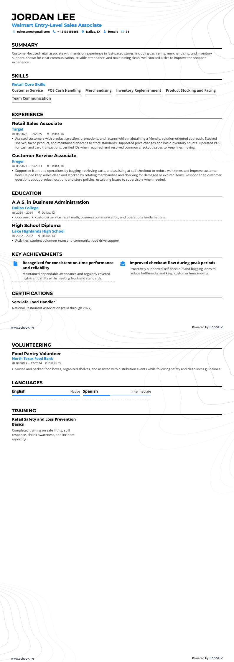 Walmart Entry-Level Sales Associate example resume