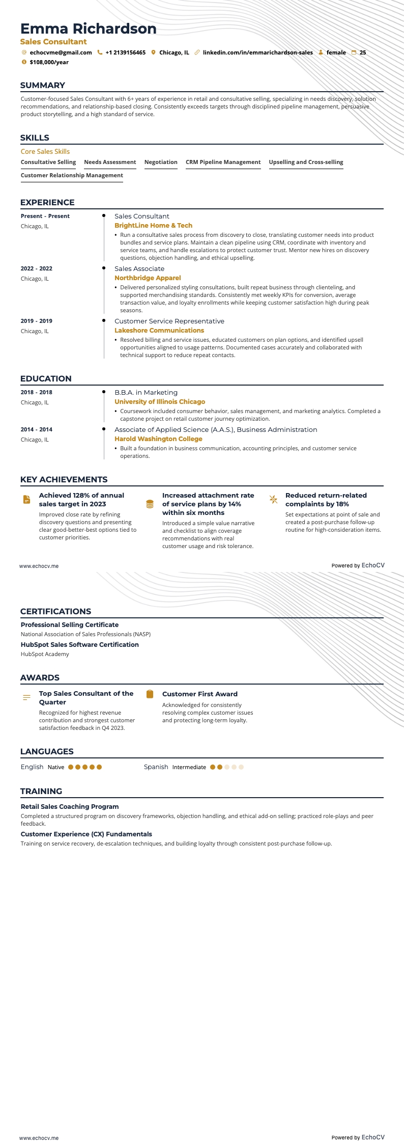 Sales Consultant example resume