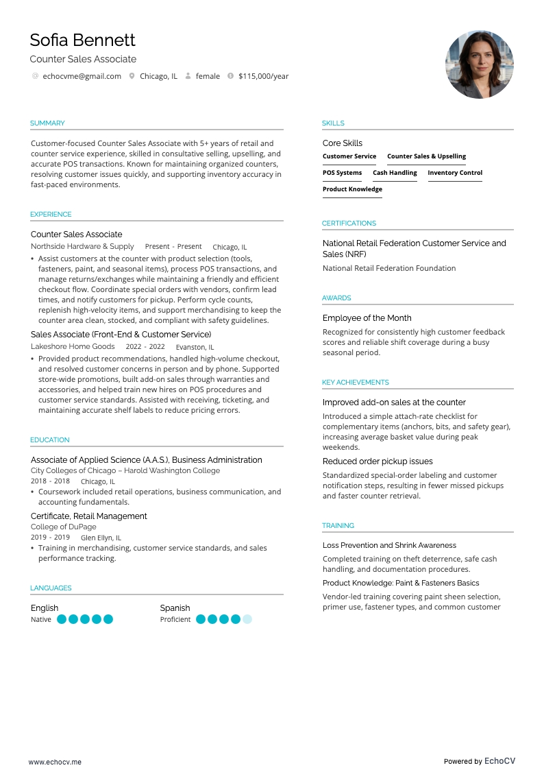 Counter Sales Associate example resume