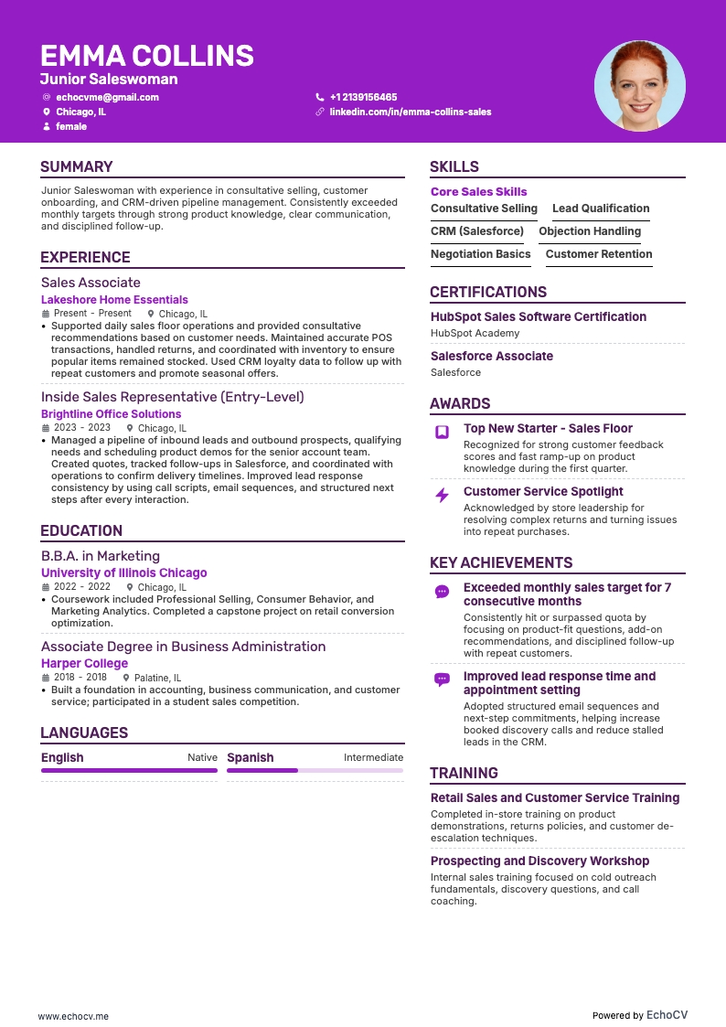 Junior Saleswoman example resume