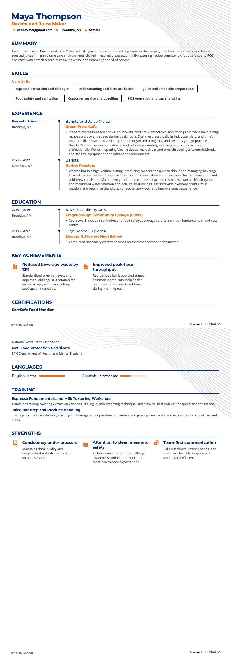 Barista and Juice Maker example resume