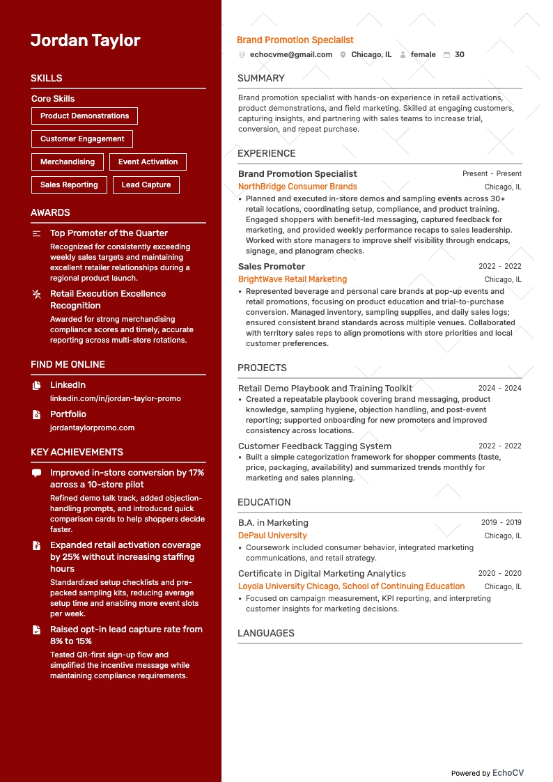 Brand Promotion Specialist example resume