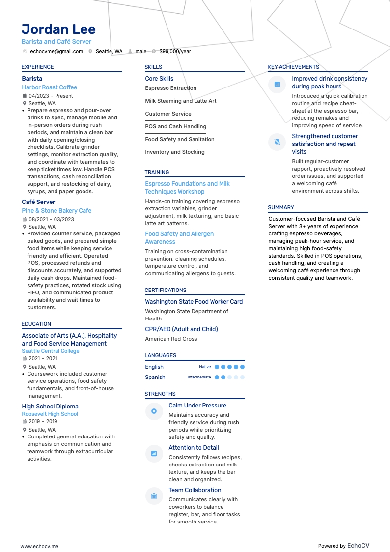 Barista and Café Server example resume