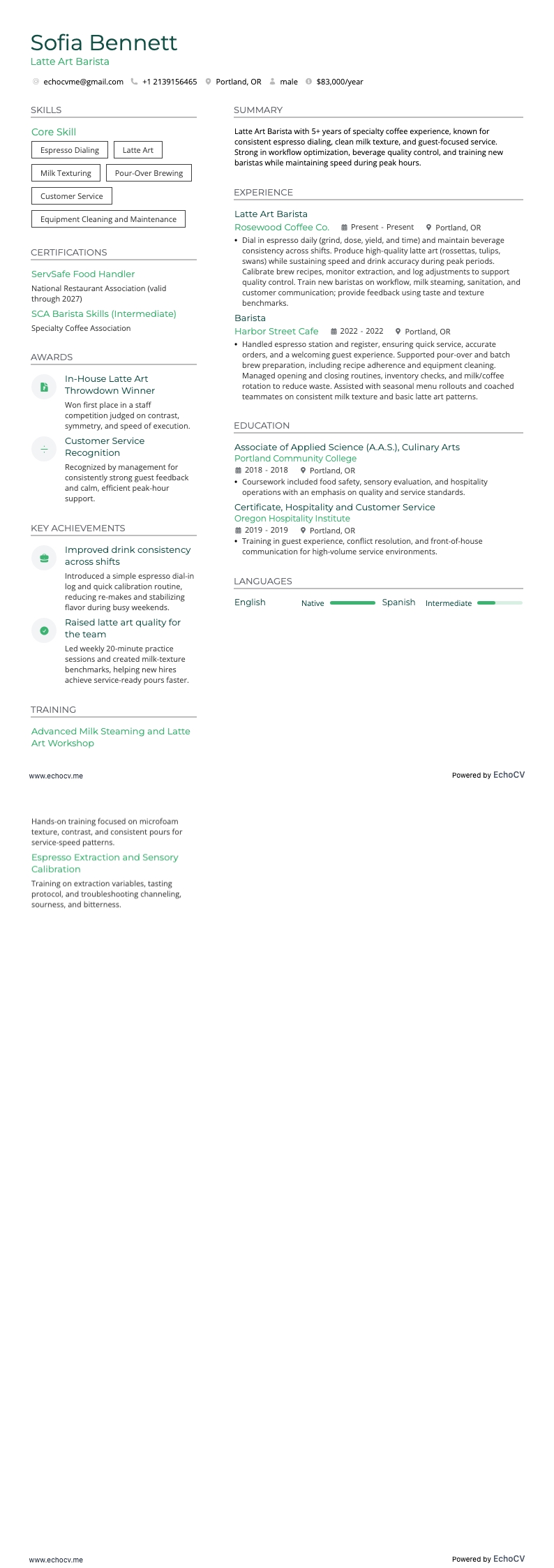 Latte Art Barista example resume