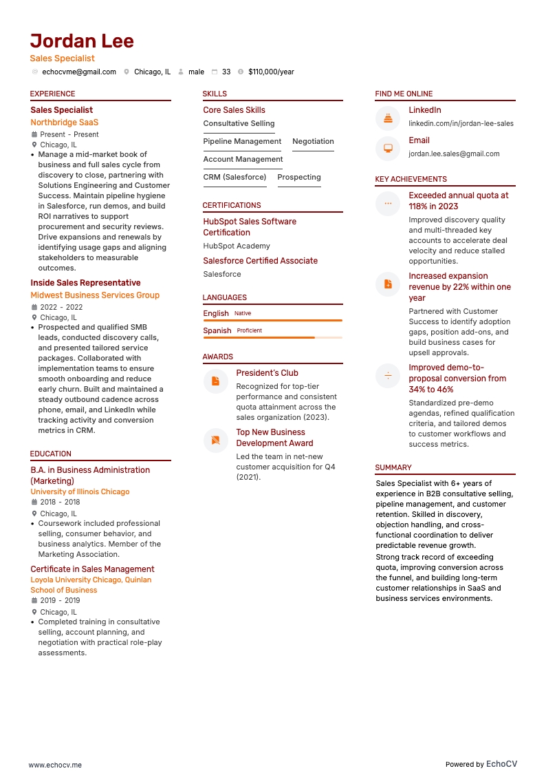 Sales Specialist example resume