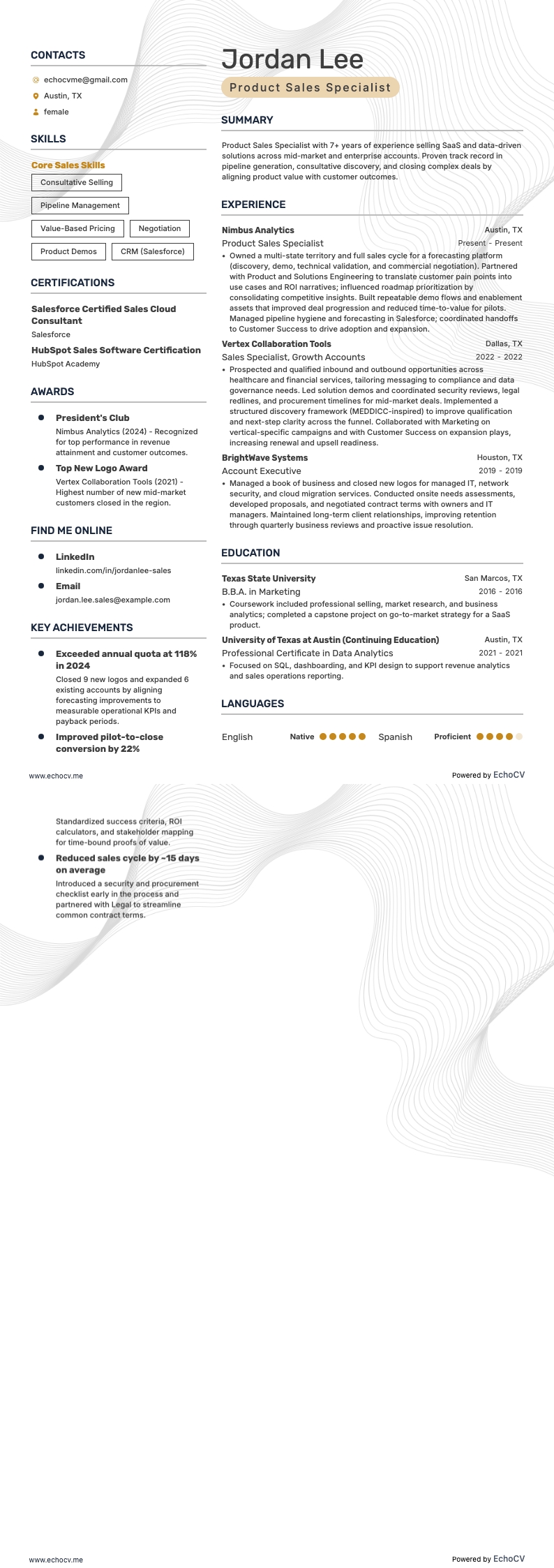 Product Sales Specialist example resume