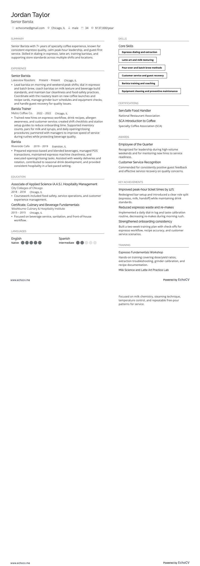 Senior Barista example resume