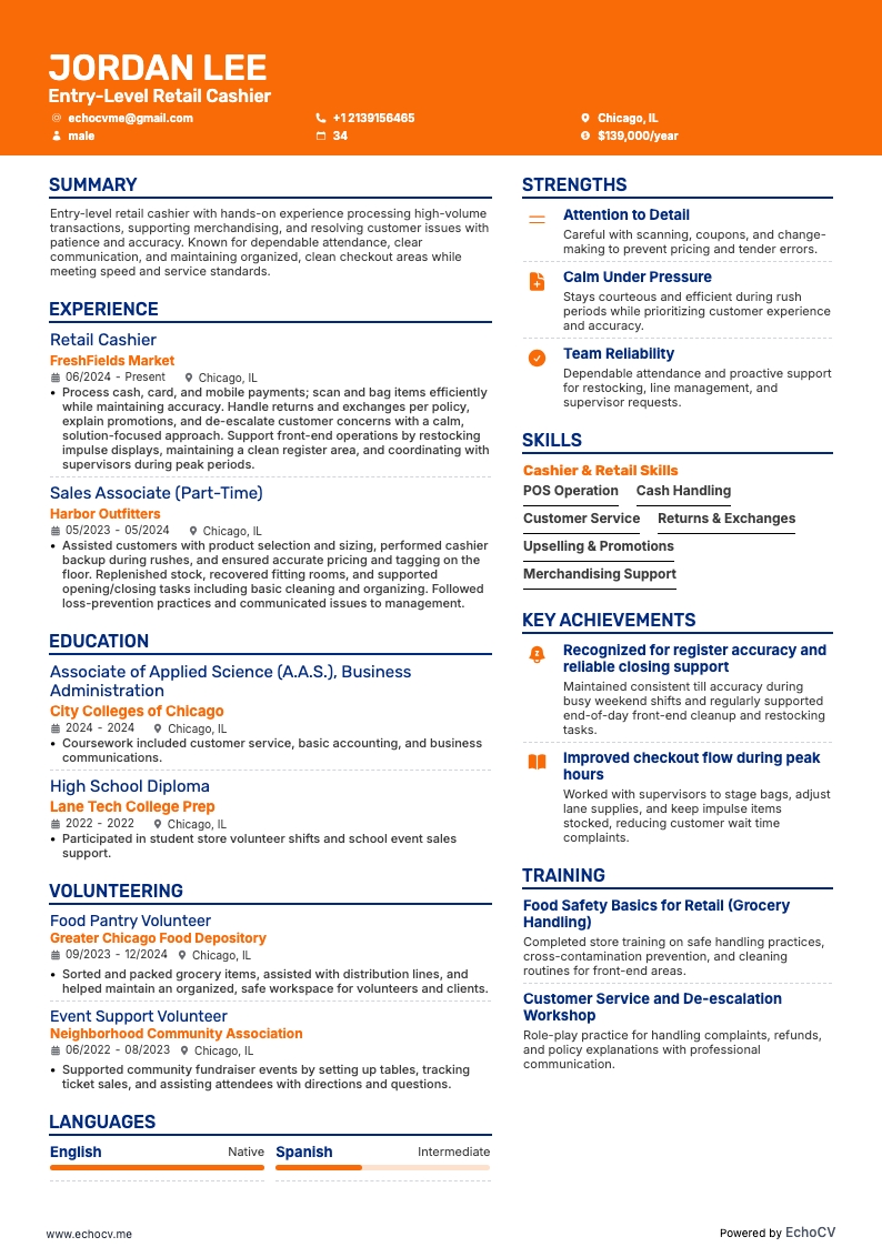 Entry-Level Retail Cashier example resume