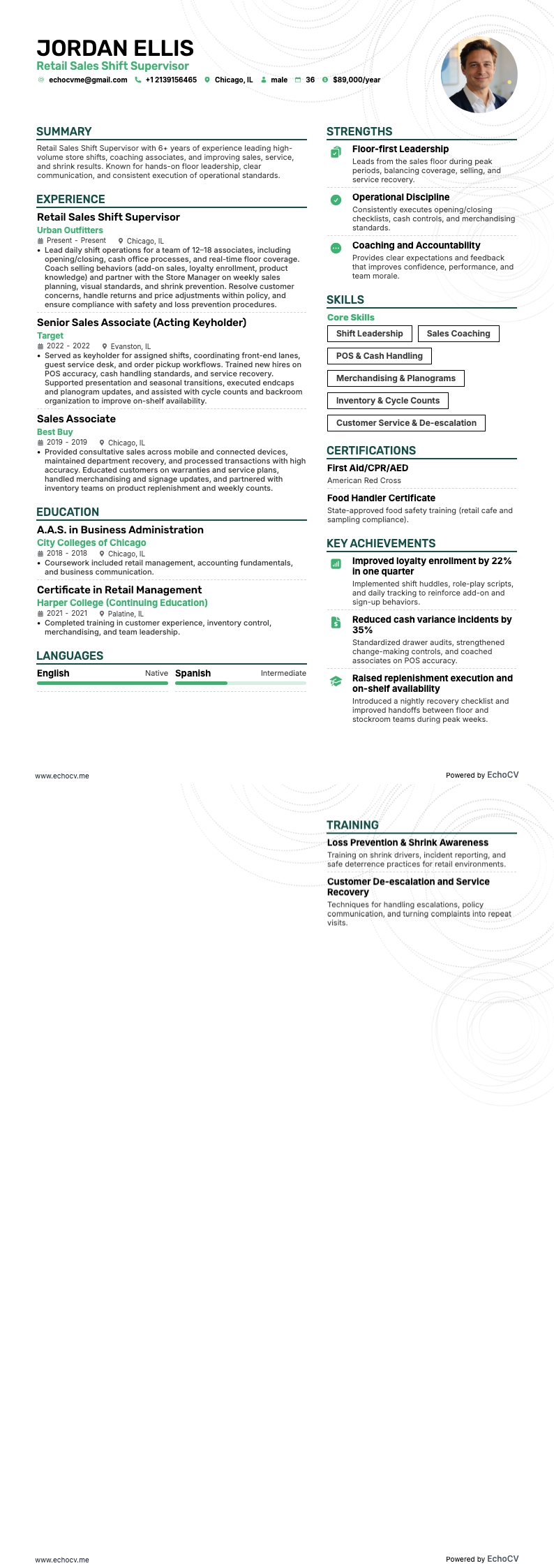 零售銷售班次主管 resume example