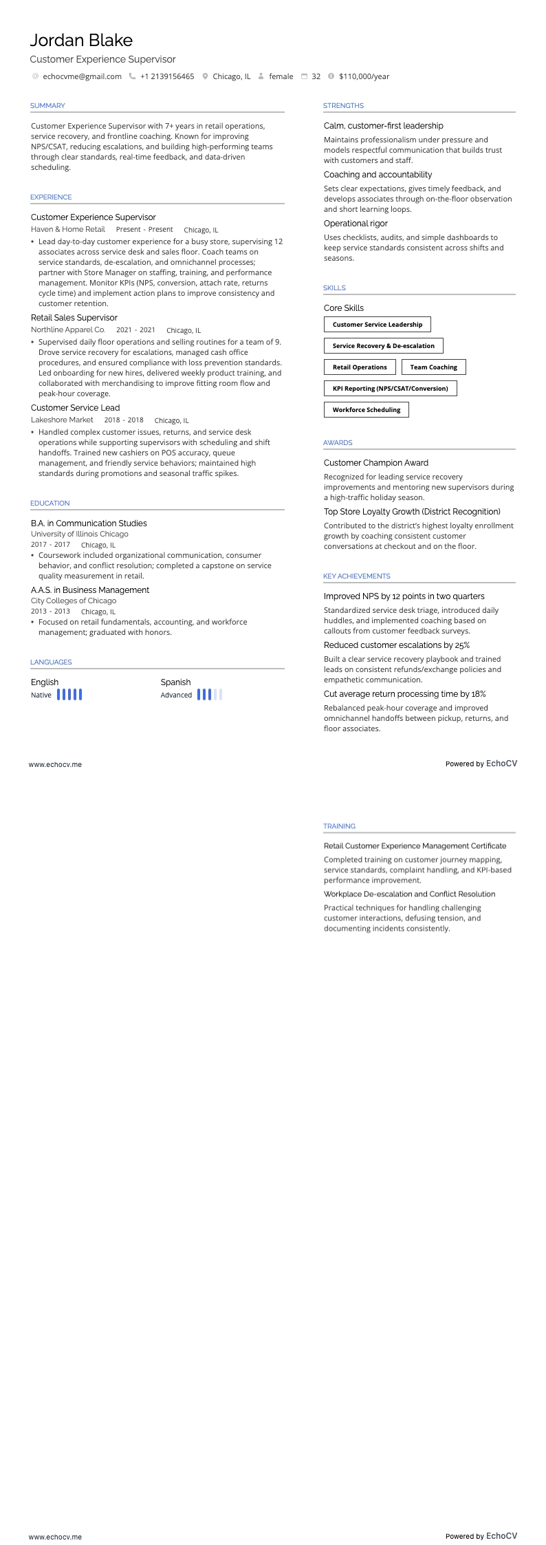 Customer Experience Supervisor example resume