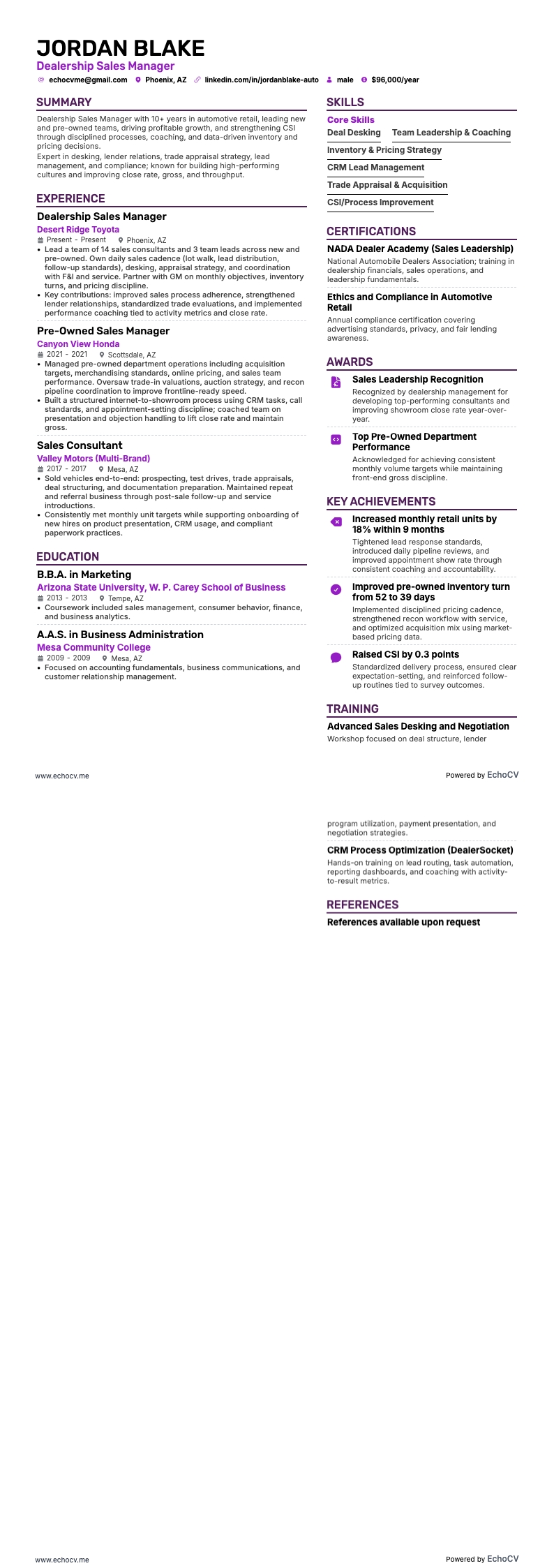 Dealership Sales Manager example resume