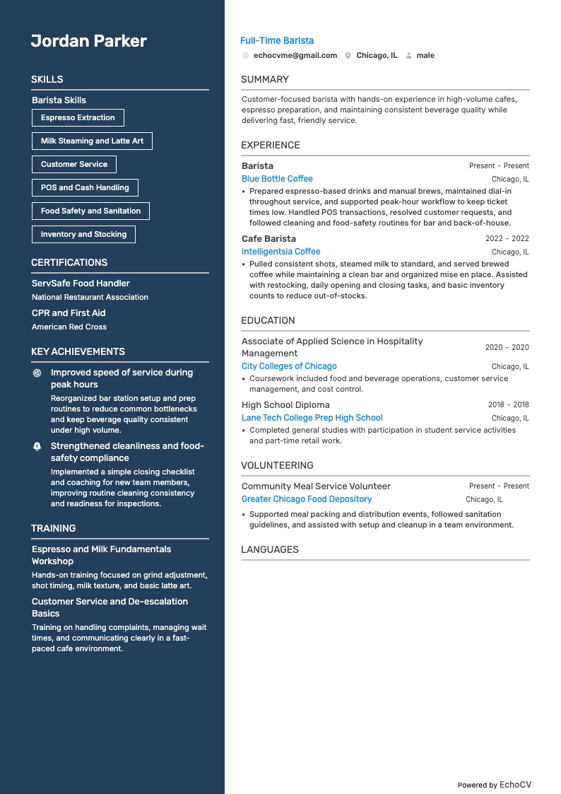 Full-Time Barista example resume