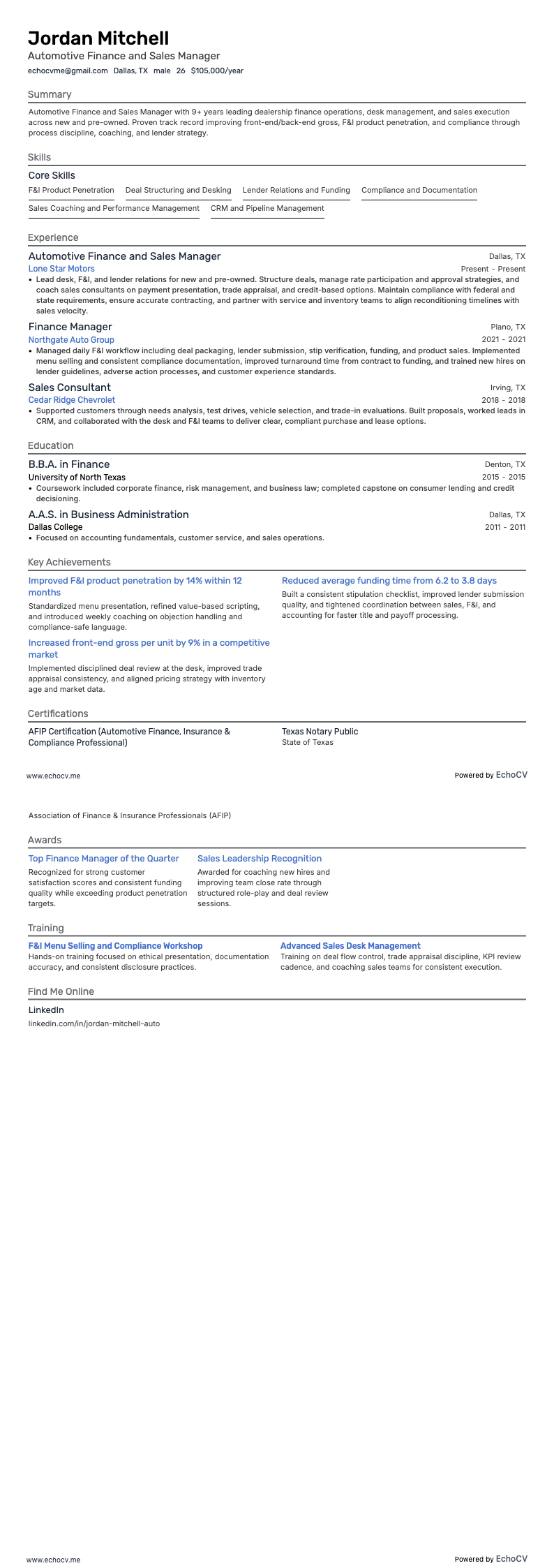 Automotive Finance and Sales Manager example resume