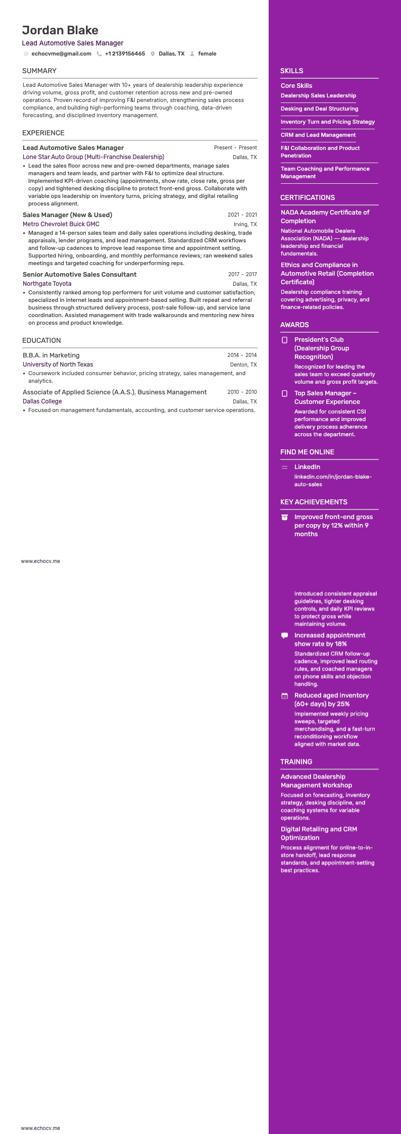 Lead Automotive Sales Manager example resume